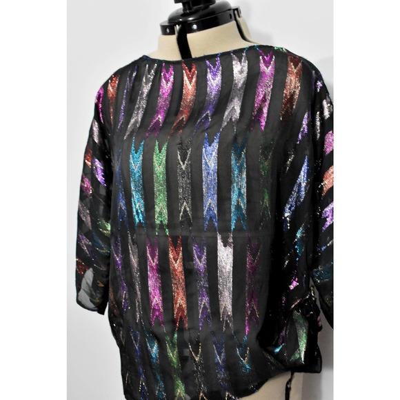 Teddi of California Sheer Black Blouse with Rainbow Metallic Print - Picture 6 of 7
